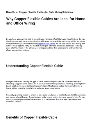 Benefits of Copper Flexible Cables for Safe Wiring Solutions