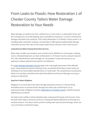 How Restoration 1 of Chester County Tailors Water Damage Restoration to Your Needs