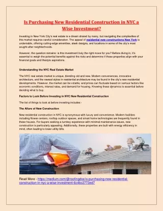 Is Purchasing New Residential Construction in NYC a Wise Investment