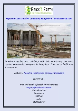 Reputed Construction Company Bangalore  Bricknearth.com