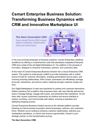 Csmart Enterprise Business Solution Transforming Business Dynamics with CRM and Innovative Marketplace UI