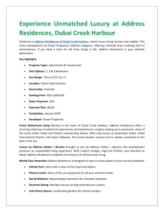 Experience Unmatched Luxury at Address Residences, Dubai Creek Harbour