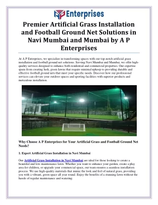 Artificial Grass Installation and Football Ground Net Manufacturing in Mumbai &