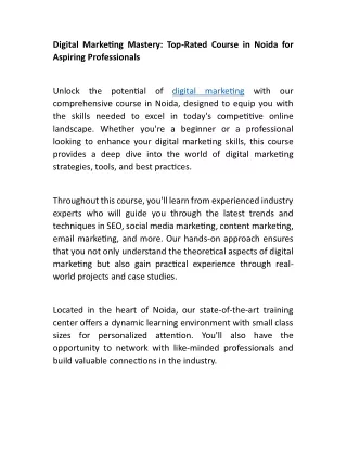 Digital Marketing Mastery: Top-Rated Course in Noida for Aspiring Professionals