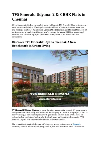 TVS Emerald Udyana | Luxury Flats Sale In Chennai