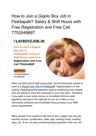How to Join a Gigolo boy Job in Peddapalli? Salary & Shift Hours