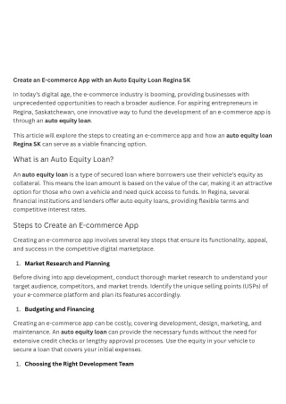 Create an E-commerce App with an Auto Equity Loan Regina SK