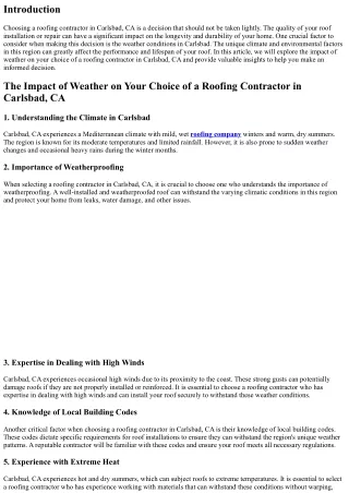 The Impact of Weather on Your Choice of a Roofing Contractor in Carlsbad, CA