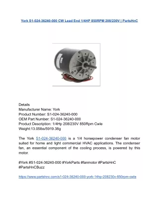 York S1-024-36240-000 CW Lead End 1_4HP 850RPM 208_230V _ PartsHnC