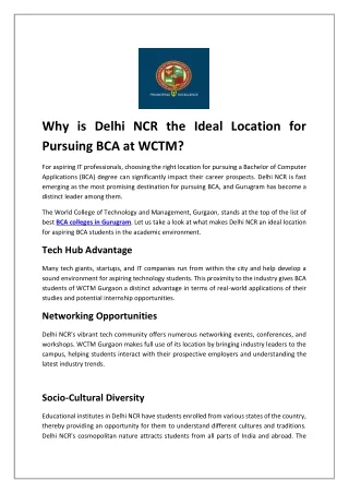 Why Delhi NCR is the Ideal Location for Pursuing BCA at WCTM_