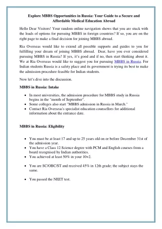 Explore MBBS Opportunities in Russia: Your Guide to a Secure and Affordable Medi