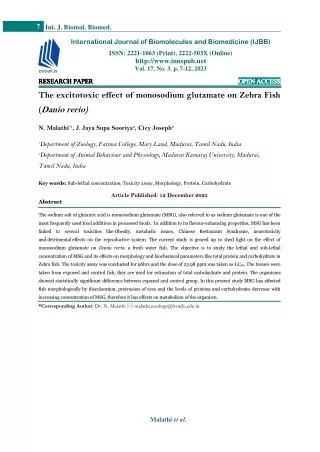 The excitotoxic effect of monosodium glutamate on Zebra Fish (Danio rerio)