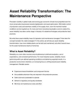 Asset Reliability Transformation_ The Maintenance Perspective
