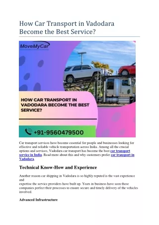 How Car Transport in Vadodara Become the Best Service