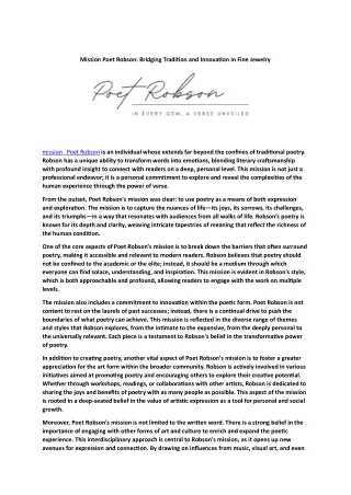 Mission Poet Robson : Bridging Tradition and Innovation in