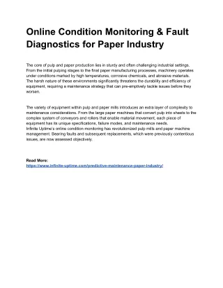 Online Condition Monitoring & Fault Diagnostics for Paper Industry