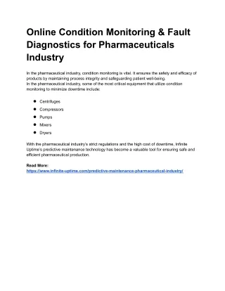 Online Condition Monitoring & Fault Diagnostics for Pharmaceuticals Industry