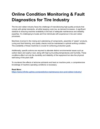 Online Condition Monitoring & Fault Diagnostics for Tire Industry