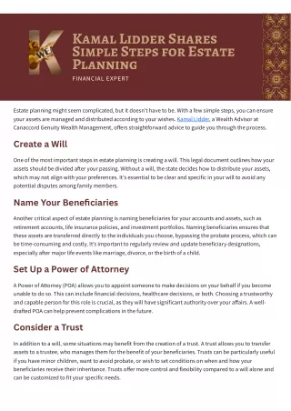 Kamal Lidder Shares Simple Steps for Estate Planning