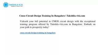 Cmos Circuit Design Training In Bangalore Takshila-vlsi.com