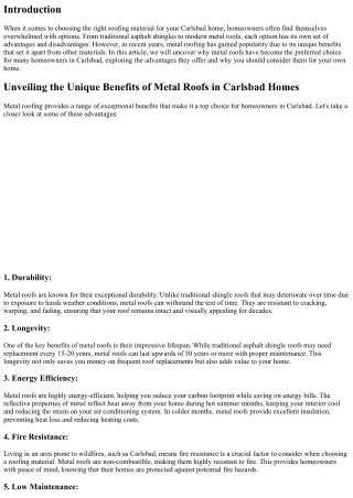Unveiling the Unique Benefits of Metal Roofs in Carlsbad Homes