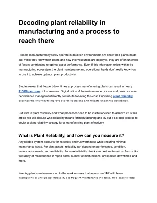 Decoding plant reliability in manufacturing and a process to reach there