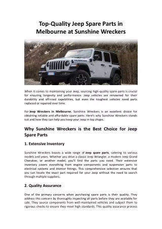 Top-Quality Jeep Spare Parts in Melbourne at Sunshine Wreckers