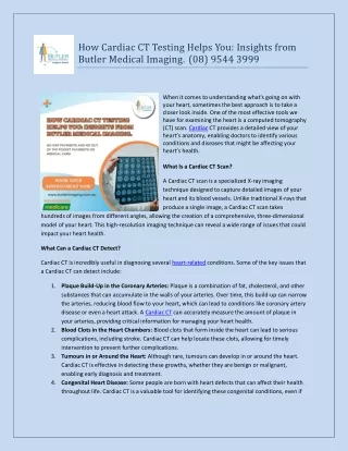 How Cardiac CT Testing Helps You: Insights from Butler Medical Imaging. (08) 954