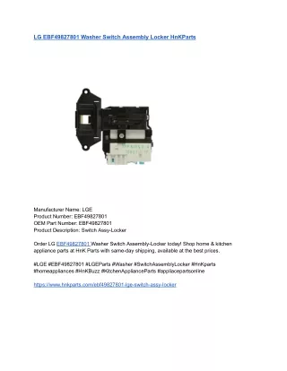 LG EBF49827801 Washer Switch Assembly Locker HnKParts