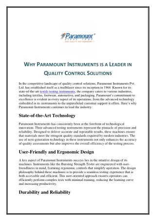 Why Paramount Instruments is a Leader in Quality Control Solutions