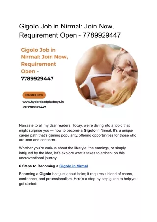 Gigolo Job in Nirmal - Join Now, Requirement Open - 7789929447