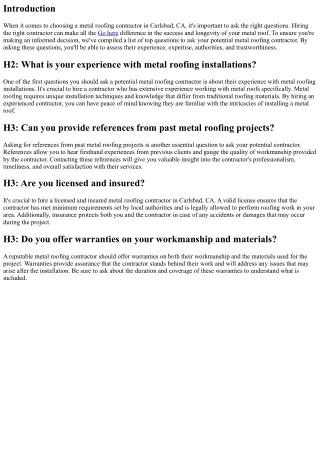 Top Questions to Ask Your Potential Metal Roofing Contractor in Carlsbad, CA