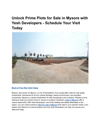 Unlock Prime Plots for Sale in Mysore with Yesh Developers - Schedule Your Visit Today