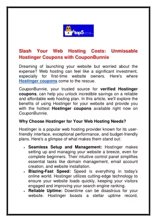 Slash Your Web Hosting Costs Unmissable Hostinger Coupons with CouponBunnie