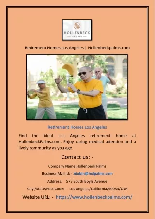 Retirement Homes Los Angeles | Hollenbeckpalms.com