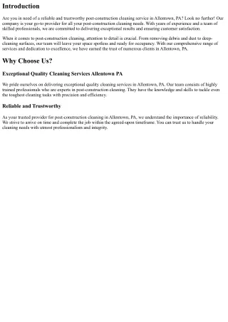 Your Trusted Provider for Post-Construction Cleaning in Allentown, PA