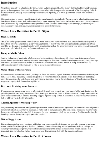 Drinking water Leak Detection in Perth: Signals, Will cause, and Remedies