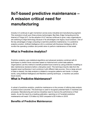 IIoT-based predictive maintenance – A mission critical need for manufacturing