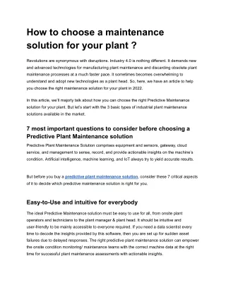 How to choose a maintenance solution for your plant