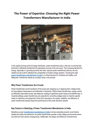 The Power of Expertise: Choosing the Right Power Transformers Manufacturer in India