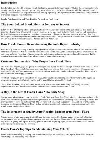 Regular Auto Inspections and Their Benefits: Advice from Frank Flora