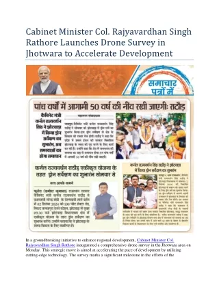 Cabinet Minister Col. Rajyavardhan Singh Rathore Launches Drone Survey in Jhotwara to Accelerate Development