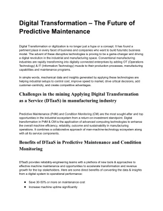 Digital Transformation – The Future of Predictive Maintenance