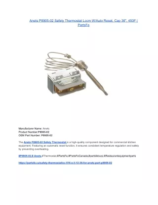 Anets P8905-02 Safety Thermostat Lccm W_Auto Reset, Cap 36_, 450F _ PartsFe