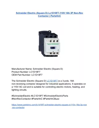 Schneider Electric (Square D) Lc1D18F7-110V 18A 3P Non-Rev Contactor _ PartsHnC