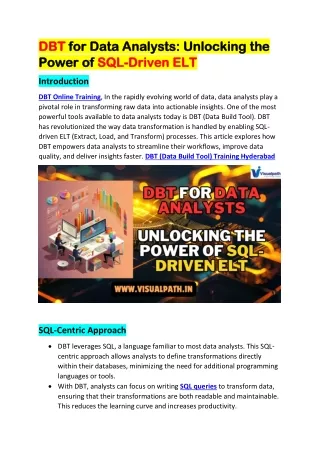 DBT (Data Build Tool) Courses Online | DBT Training in Hyderabad