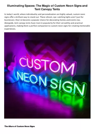 Illuminating Spaces The Magic of Custom Neon Signs and Tent Canopy Tents