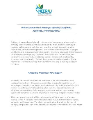 Which Treatment Is Better for Epilepsy: Allopathy, Ayurveda, or Homeopathy?