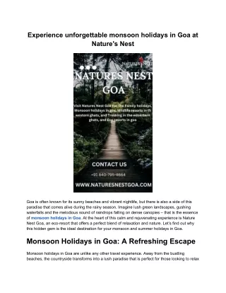 Experience unforgettable monsoon holidays in Goa at Nature's Nest