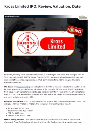 Kross Limited IPO Review, Valuation, Date